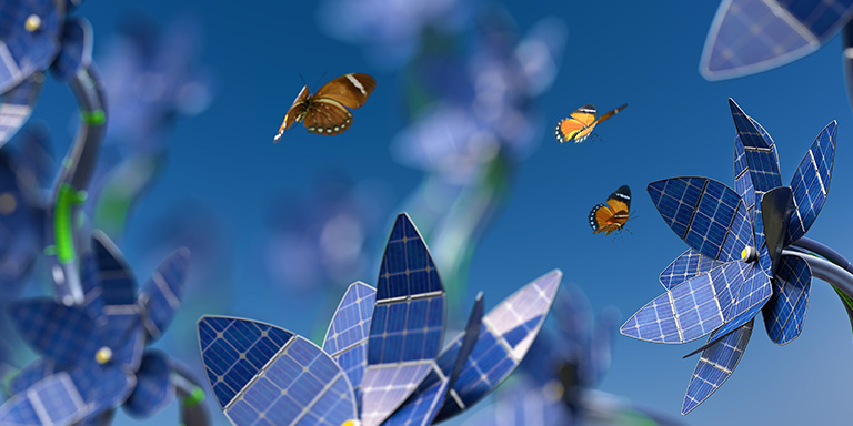 Banking on Net zero image of butterflys and solar flowers