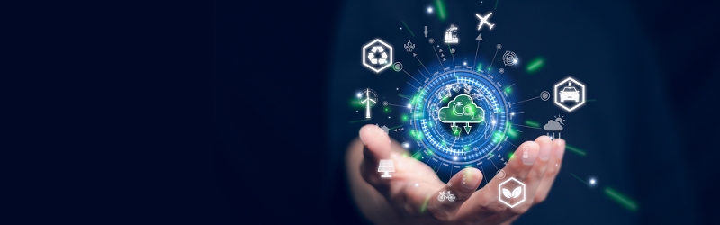Sustainability trends for business 2024, image of a hand and icons