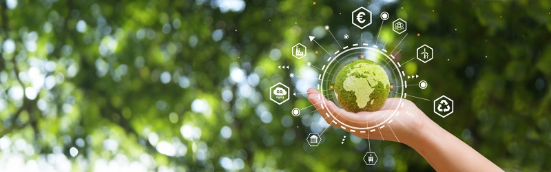 The Corporate Sustainability Reporting Directive (CSRD), image of a hand and icons