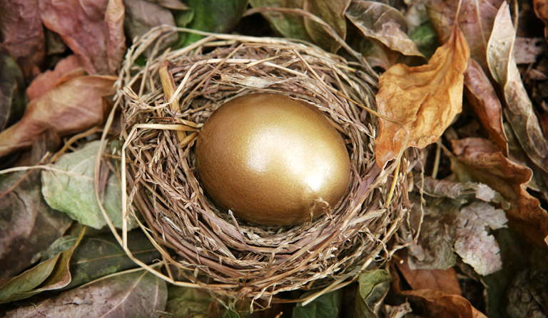 Golden egg lying in a nest surrounded by colorful leaves