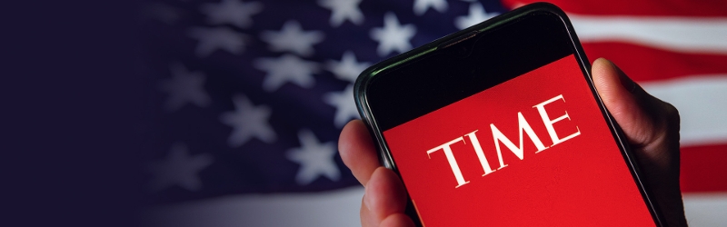 Mobile phone displaying TIME magazine cover