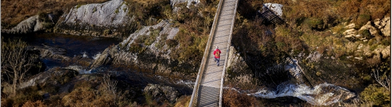 Person walking over bridge in landscape