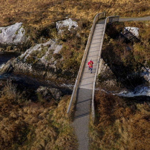 Person walking over bridge in landscape