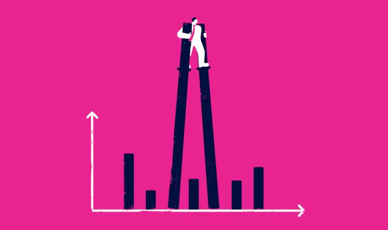 Investment risk, Maslow's hammer and cognitive bias. Illustration of man walking on stilts, pink background.