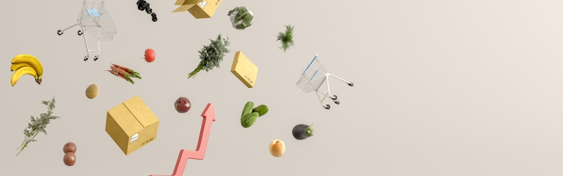 Image of grocery items flying upwards with an upwards arrow in the background