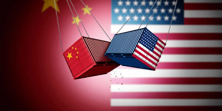 American and Chinese flags on shipping containers