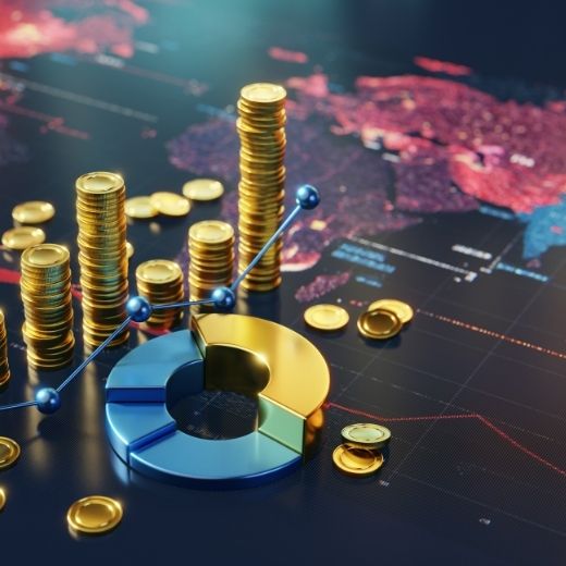 Image of the world with coins and graphs on top of it