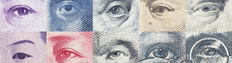 Collage of eyes from paper bills of various global currencies