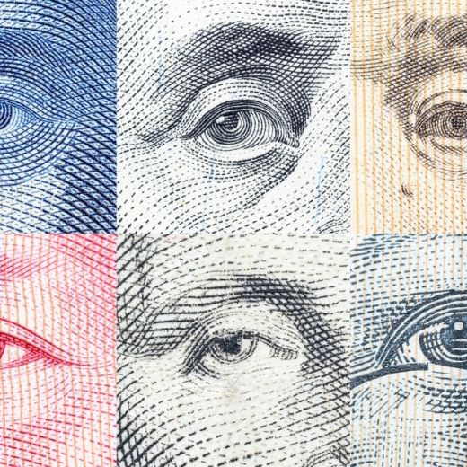 Collage of eyes from paper bills of various global currencies