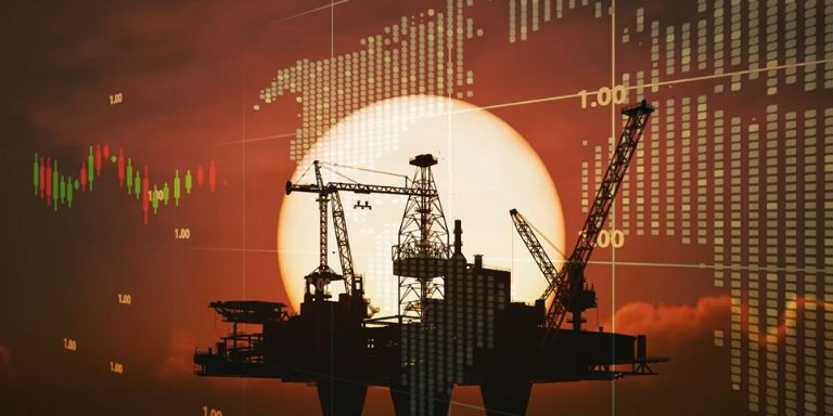 Oil rig surrounded by moving marking data depicting the turbulent stock market