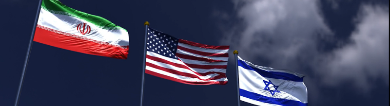 Iran, USA and Israel flags against a dark sky