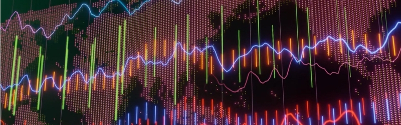 World map with fluctuating market charts