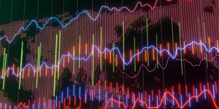 World map with fluctuating market charts