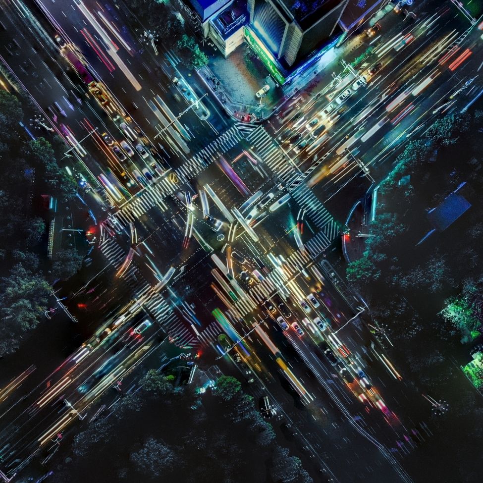 drone view of a busy city street