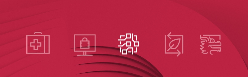 AI, Robotics & Cybersecurity image of and Icon against a red backdrop