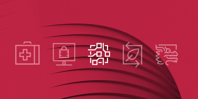 AI, Robotics & Cybersecurity image of and Icon against a red backdrop