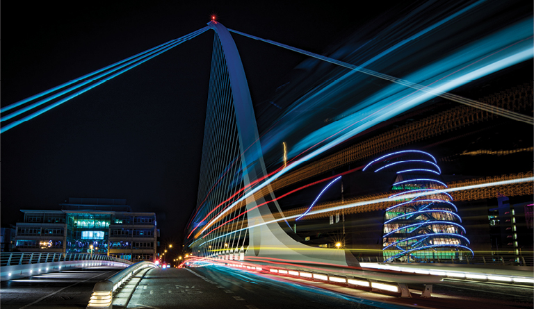 Irish economic outlook image of the Samuel Beckett bridge by night