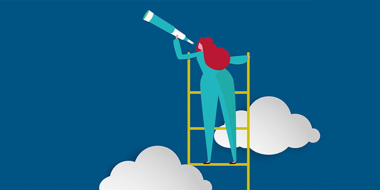 Investment outlook image of someone on a ladder against a blue background