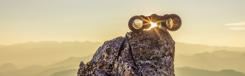 Equities image of a set of binoculars sitting on a rock