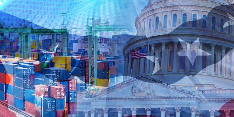 Image combining shipping containers and US government buildings