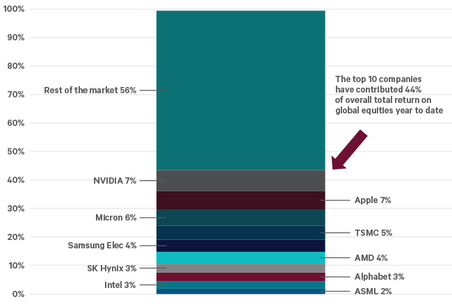 Top 10 companies accounted for 44% of global equity returns year to date, versus 56% for the rest of the market.
