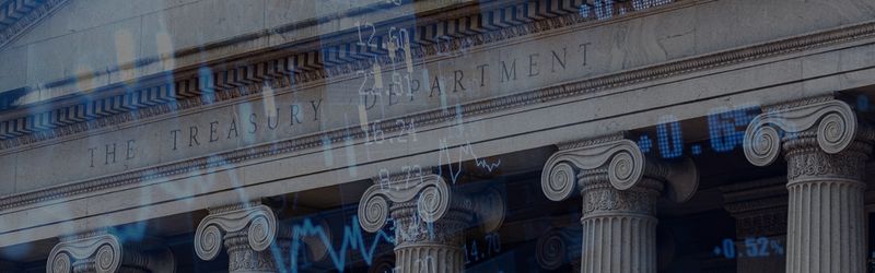 Treasury building with financial figures overlayed