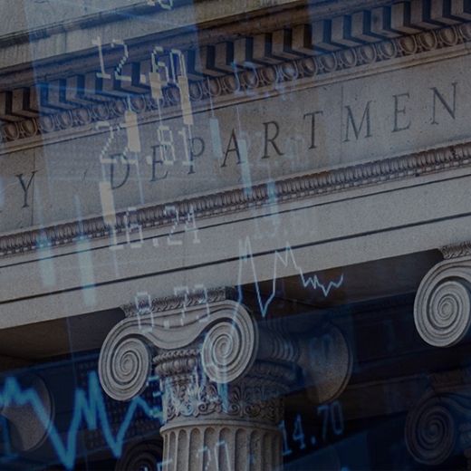 Treasury building with financial figures overlayed