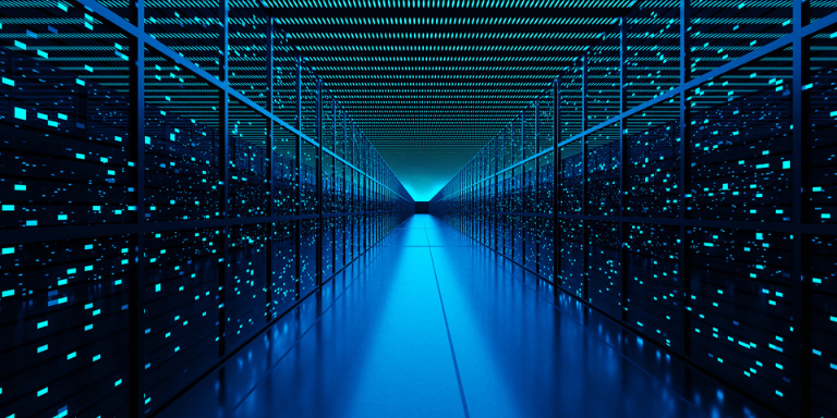 A room full of technology machines with blue lights