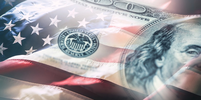 American flag merged with US dollar note