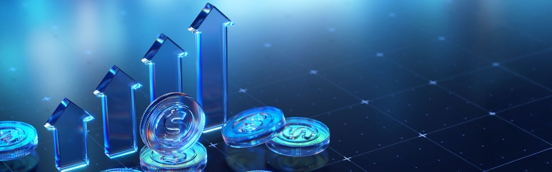 Blue image with coins and arrows pointing upwards