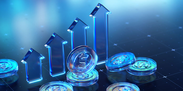 Blue image with coins and arrows pointing upwards