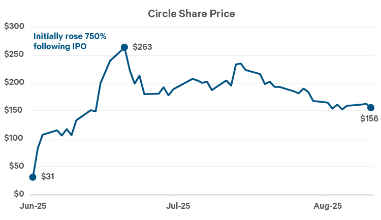 This line chart tracks the stock price of Circle following its initial public offering (IPO) from June 2025 to August 2025, with the y-axis showing its dollar value and the x-axis marking time. The chart shows Circle's stock price rising rapidly from $31 to a peak of $263. The stock then gradually dropped to $156 by August. This visual reflects the popularity of Circle's IPO due to investor enthusiasm around stablecoins.