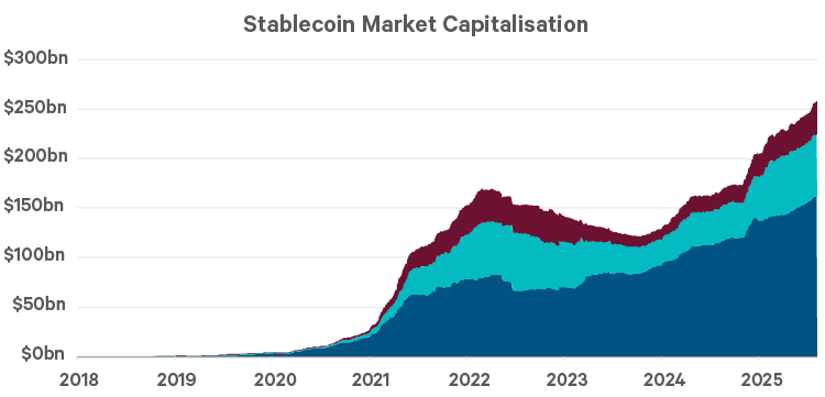 This stacked area chart titled "Stablecoin Market Capitalisation" tracks the growth of stablecoins from 2018 to 2025, broken down by Tether, Circle, and Other issuers. The chart shows a sharp rise in total market capitalization beginning around 2020, with Tether consistently dominating the market share. Circle also grows steadily, while the "Other" category remains relatively small but expands slightly over time. By 2025, the total market cap approaches $300 billion, highlighting the rapid adoption and scaling of stablecoins in the digital financial ecosystem.